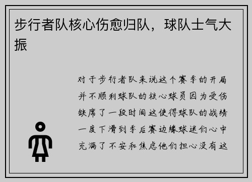 步行者队核心伤愈归队，球队士气大振